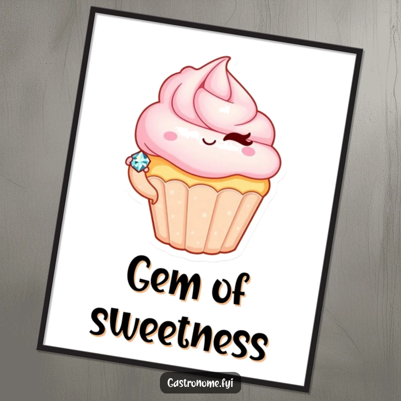 Funny poster illustration of a cute cupcake character winking while offering a tiny, glittering jewel, perfect for sweet decor.