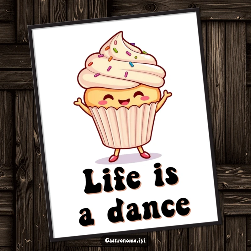 Funny dancing cupcake poster, a smiling cupcake with sprinkles doing a cheerful dance, bringing sweet, humorous energy to any wall.
