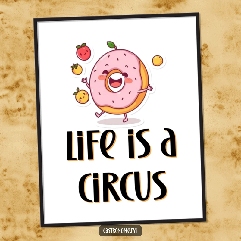 Funny donut character poster joyfully juggling three tiny fruits, adding a vibrant and humorous artistic touch to any wall.