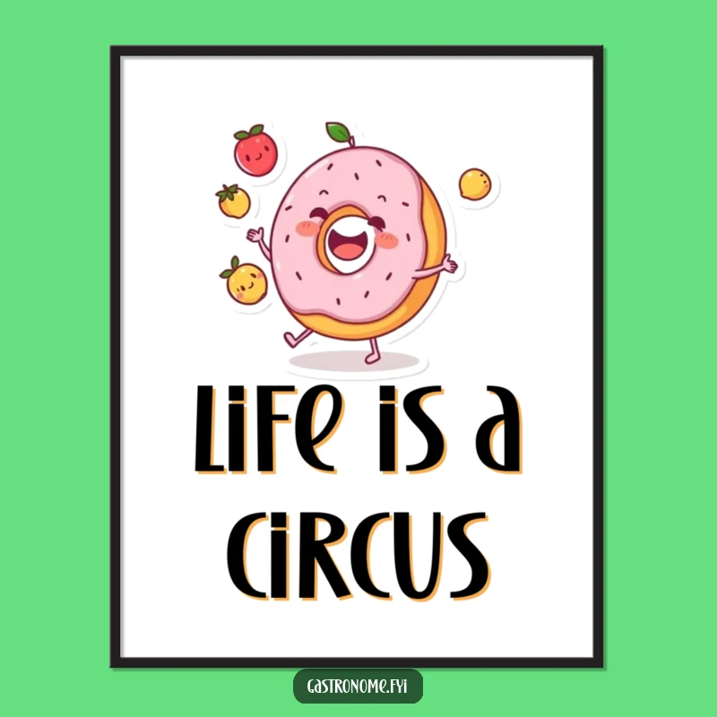Funny Donut Juggling Fruits Poster - Vibrant & Humorous Wall Art
