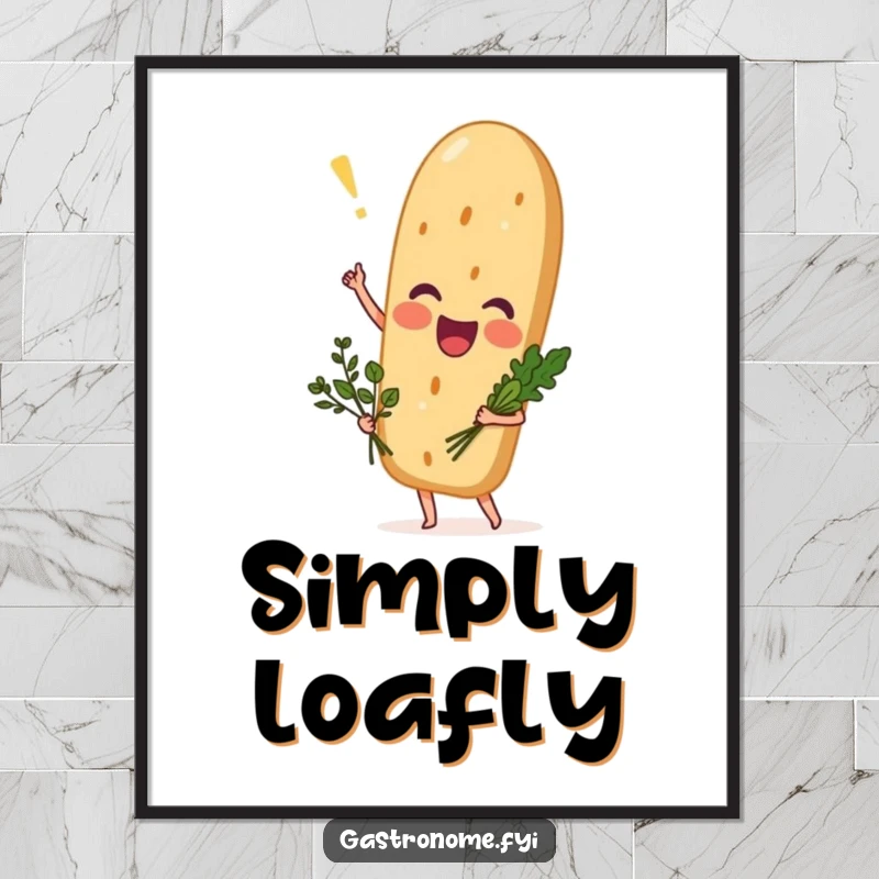 Funny excited baguette poster, a whimsical bread character holding a small herb bouquet, adding humorous and artistic charm to any room.