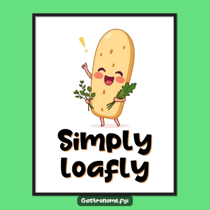 Funny Excited Baguette Poster, Whimsical Herb Bread Wall Art