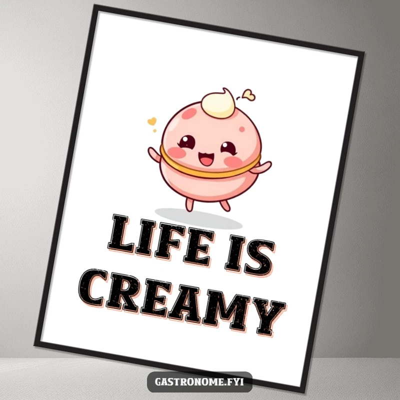 Funny poster showcasing a giggling, bouncing macaroon character with a cream dollop, adding playful art.