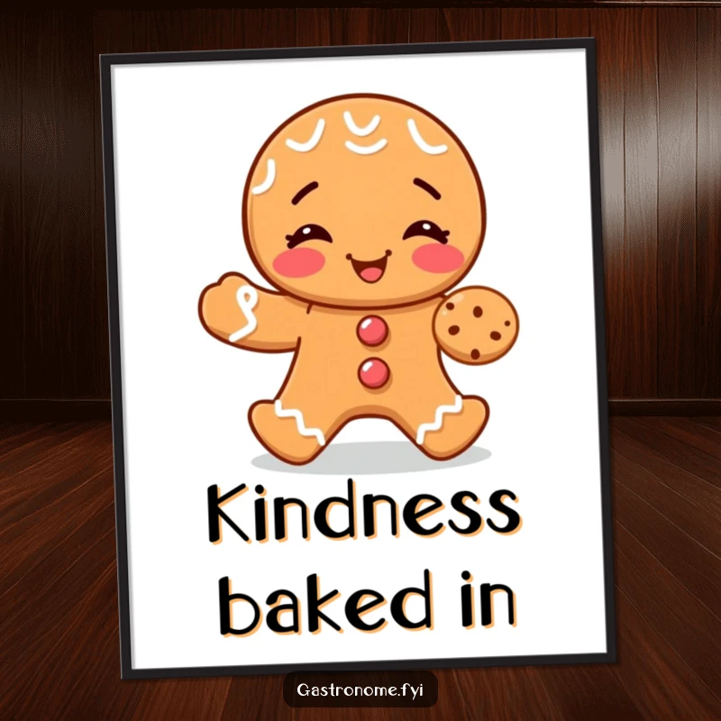 Funny poster illustration of a happy gingerbread man giggling while sharing a small cookie, perfect for festive wall decor.