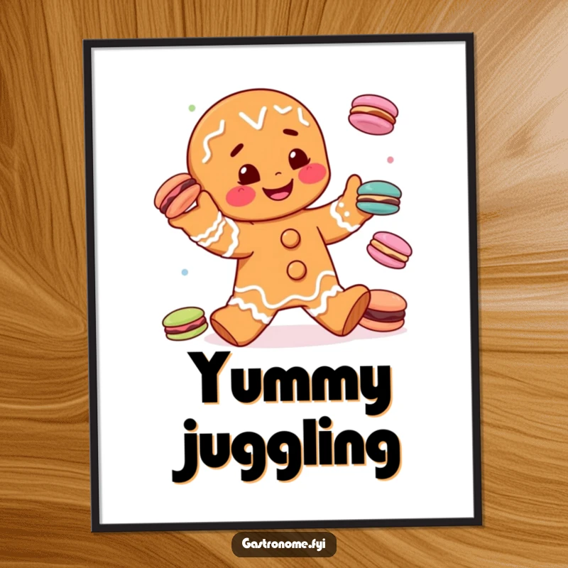 Funny gingerbread man character playfully juggling tiny macarons, displayed as a whimsical and humorous art poster on a wall.