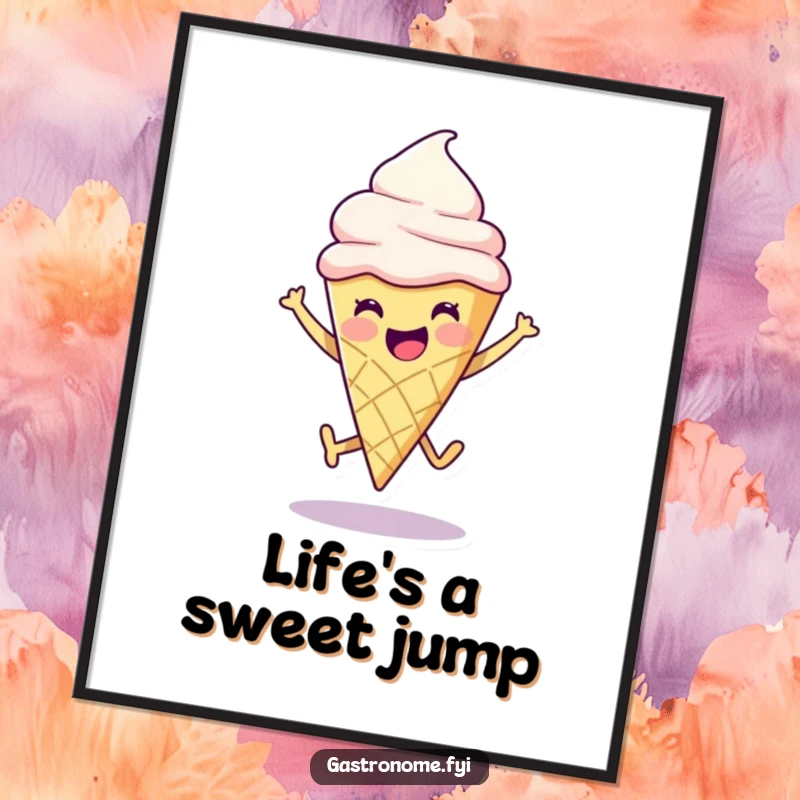 Funny ice cream cone character captured mid-leap, radiating pure happiness on a vibrant poster for wall decor.