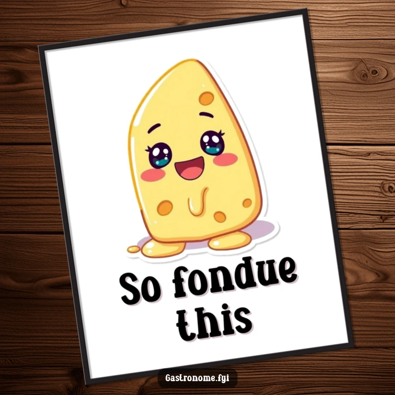 Funny poster of a cheerful cheese character melting with glee, bringing cheesy charm and humor to wall decor.