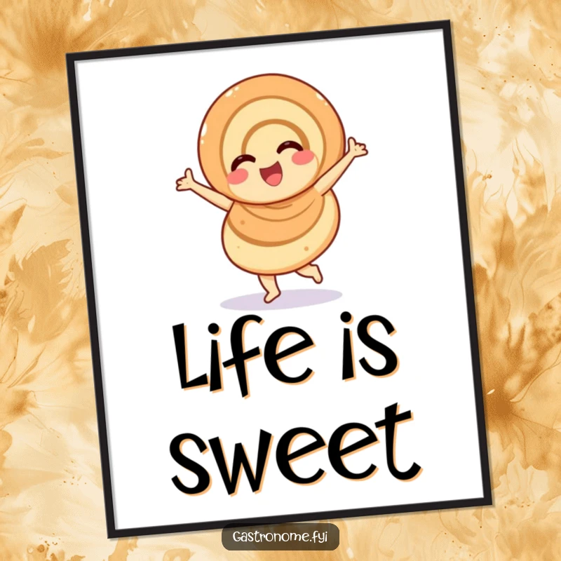 Funny overjoyed cinnamon roll poster, a whimsical pastry character in a cheerful twirl, adding sweet and humorous visual appeal.