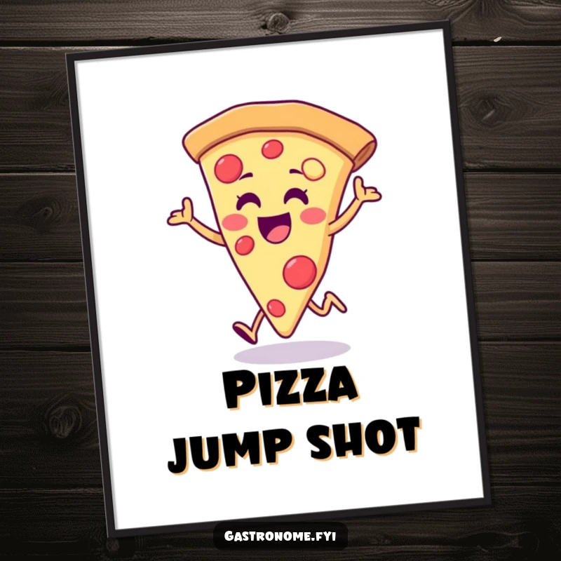 Funny pizza slice poster, depicting a joyful pizza slice doing a happy little hop, adding cheerful and humorous wall decor.