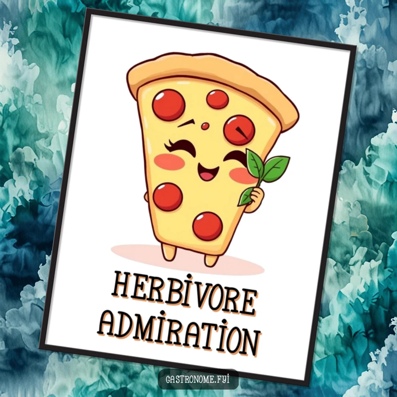 Funny giggling pizza slice character poster admiring a tiny basil leaf, adding artistic and humorous food-themed charm.