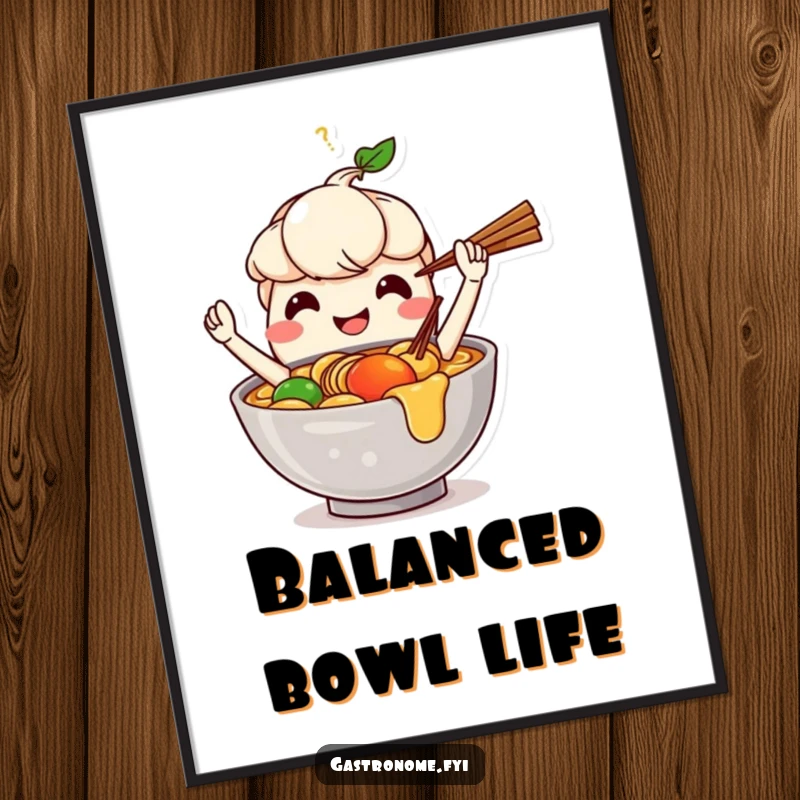 Funny poster of a smiling ramen bowl character juggling chopsticks, bringing culinary artistry and humor to wall decor.