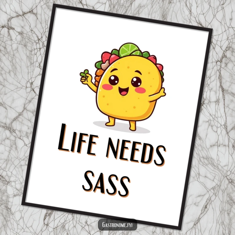 Funny cheerful taco character poster striking a sassy pose with a tiny lime wedge, adding vibrant and humorous Mexican decor.