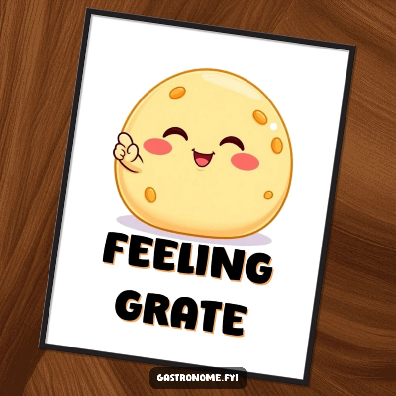 Funny smiling cheese ball poster, a satisfied snack character giving a tiny nod, adding humorous and delightful visual appeal.