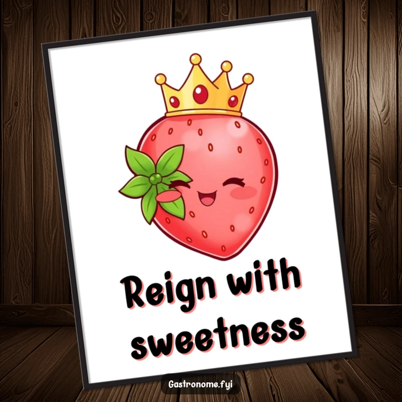 Funny beaming strawberry character wearing a crown, displayed as regal and cheerful wall art. Ideal for a fun gift.