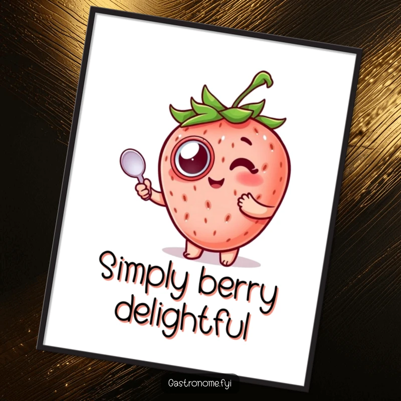 Funny Strawberry Poster displaying a delighted strawberry wearing a monocle and holding a spoon, elegant art.