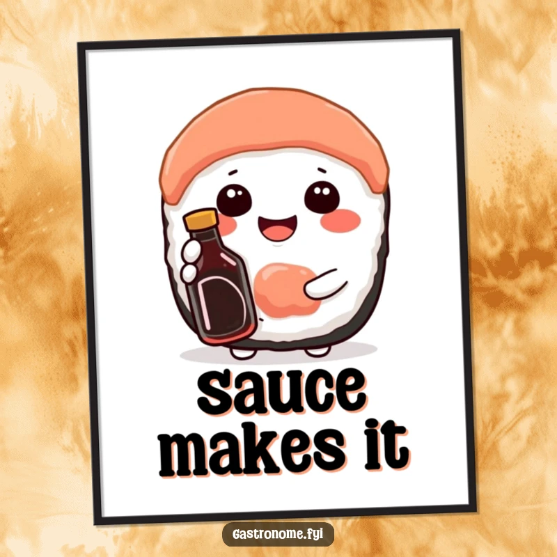 Funny poster art of a content sushi character beaming while holding a miniature soy sauce bottle, celebrating Japanese food.