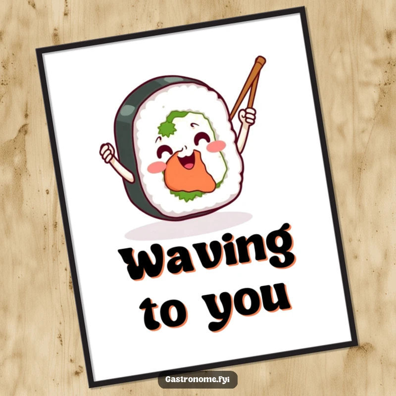 Funny sushi roll poster, depicting a smiling sushi roll enthusiastically waving chopsticks like tiny batons, adding a humorous touch to wall decor.