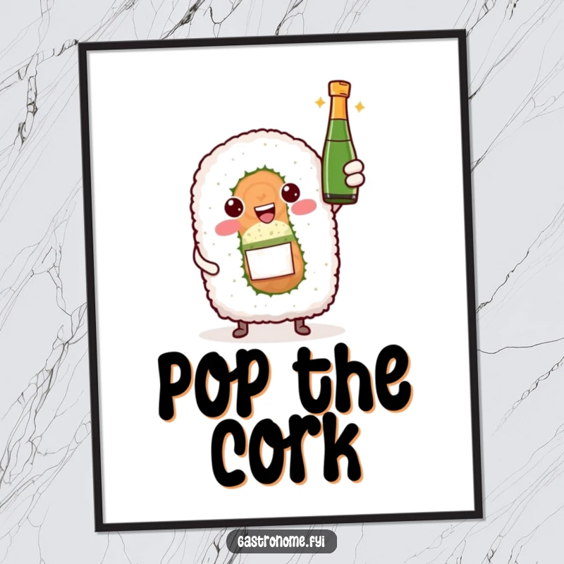 Funny poster featuring a sushi roll character proudly presenting a small bottle of sparkling wine, ideal for festive wall decor.