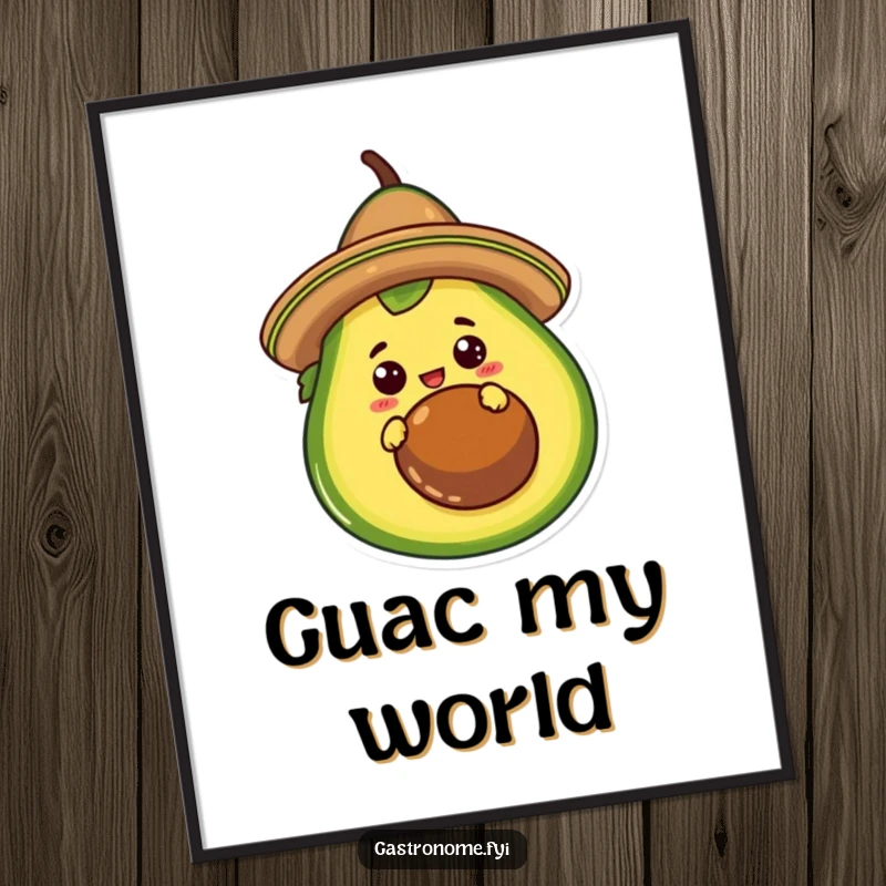 Funny Poster of a curious taco character in a sombrero, peeking from behind a giant avocado. Hilarious Mexican-themed wall art.