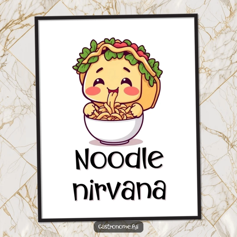 Funny poster featuring a taco character happily slurping a bowl of tiny pasta, ideal for quirky food-themed wall art.