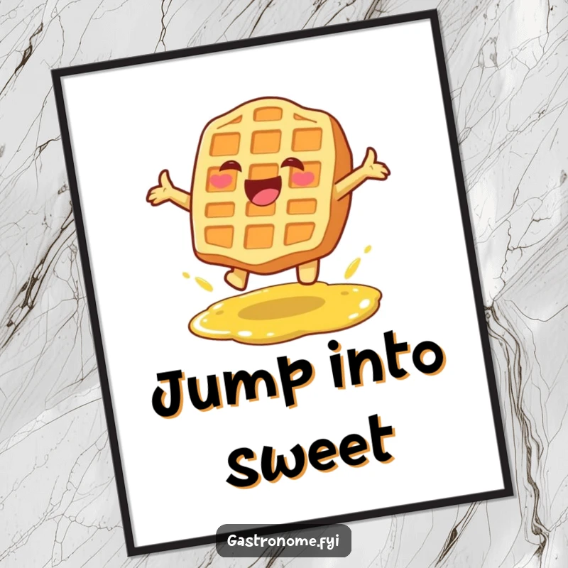 Funny poster of a delighted waffle character leaping over a syrup puddle, bringing sweet energy and humor to wall decor.