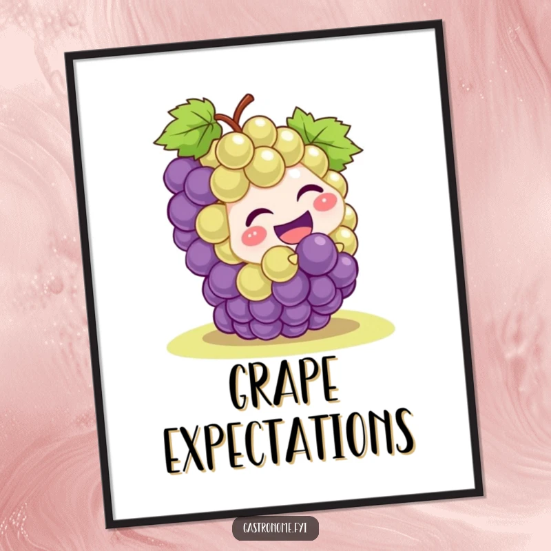 Funny grape cluster character captured in a comical downhill tumble, printed as high-quality art, bringing laughter and whimsical charm to wall decor.