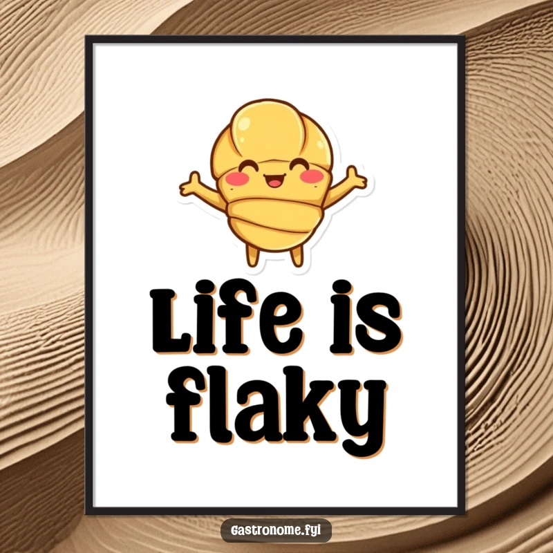 Funny Croissant Poster displaying a smiling croissant character with arms wide open, inviting a bite.