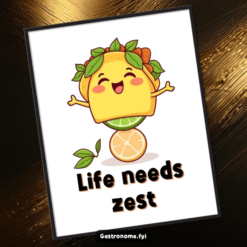 Funny thrilled taco character balancing a lime, vibrant and humorous wall art. Perfect for a foodie's space.