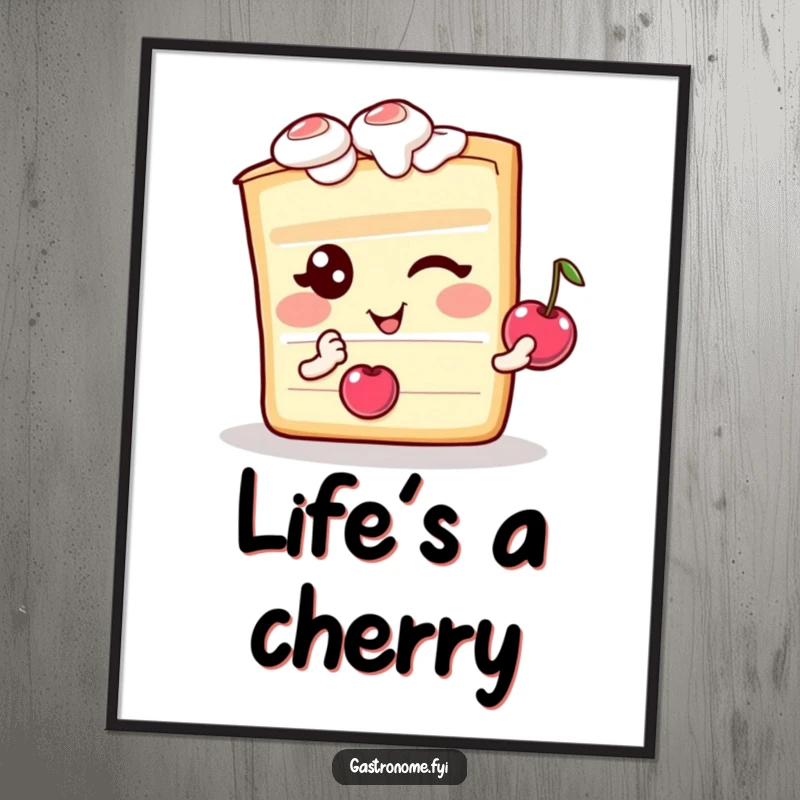 Funny poster of a cheerful, winking cake slice character holding a tiny cherry, adding humor to decor.