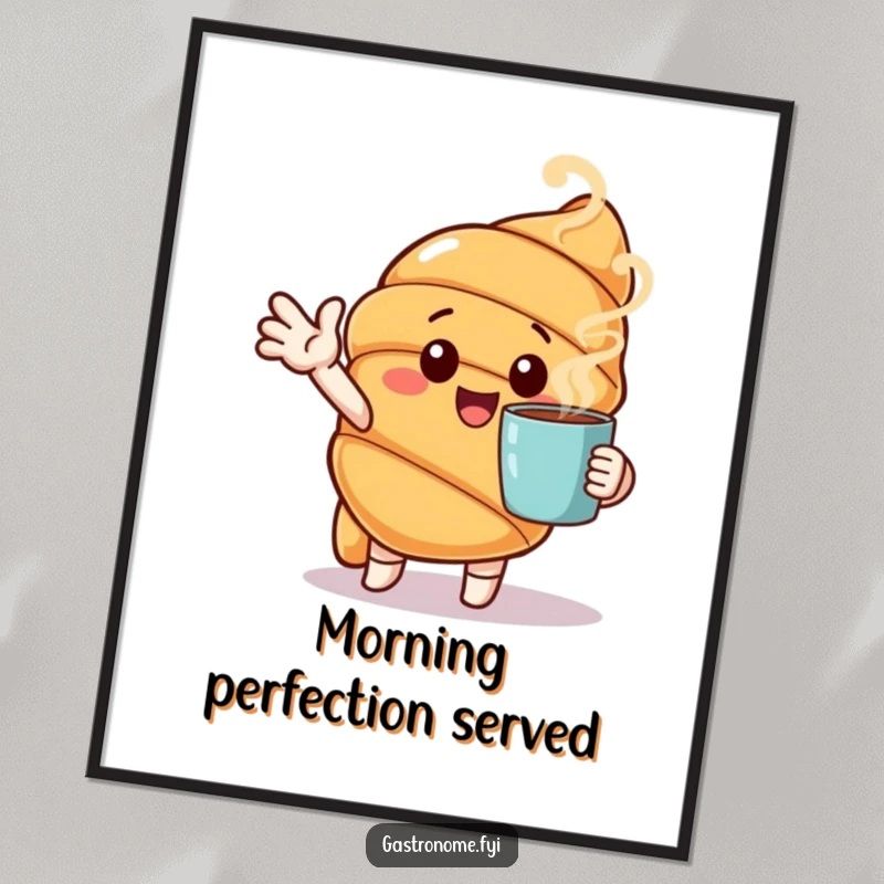 Funny poster of a cheerful croissant character gesturing towards a steaming cup, adding morning joy to walls.