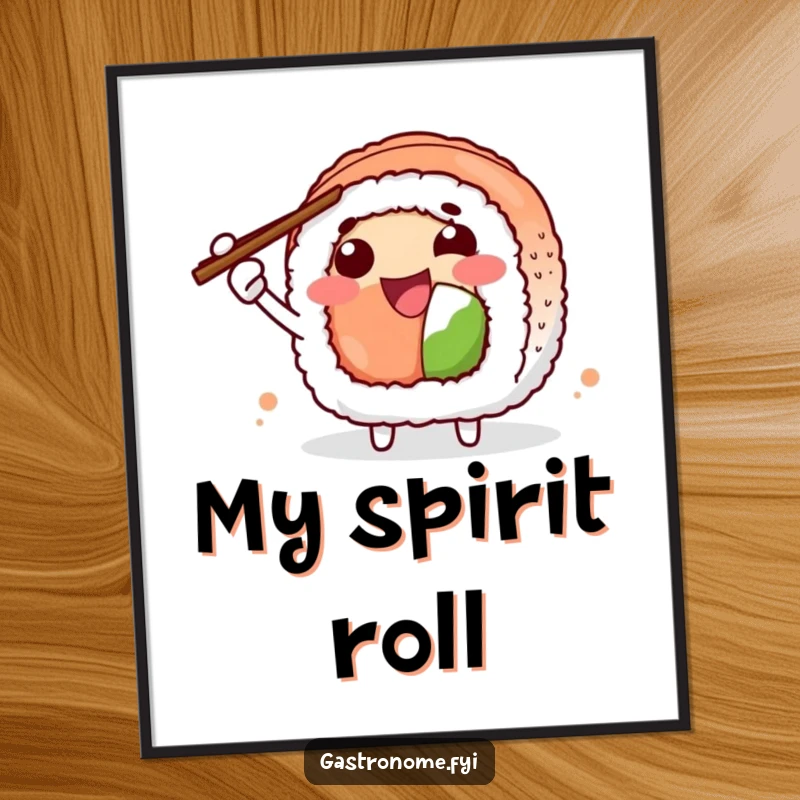 Funny Poster of a joyful sushi roll character enthusiastically gesturing with chopsticks, adding humor to wall decor. Ideal art piece.