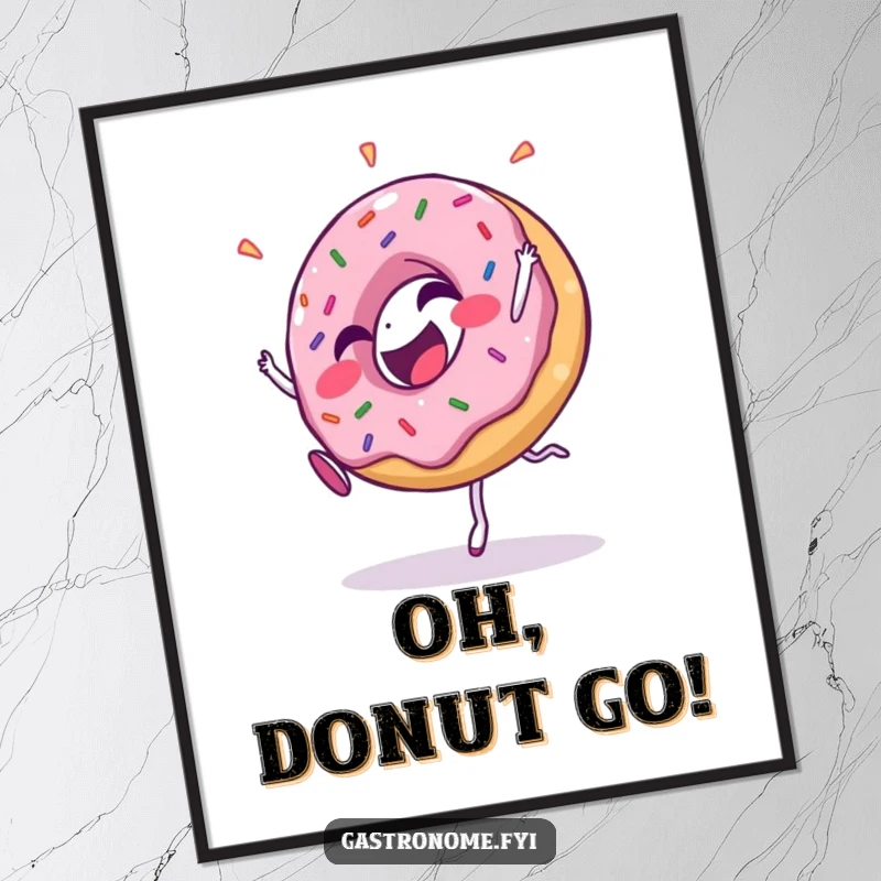 Funny poster of a giggling donut character adorned with colorful sprinkles, performing a cartwheel, radiating pure fun and sweetness.