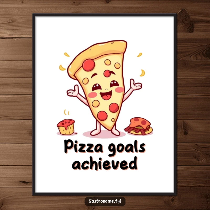 Funny poster of a happy pizza slice character with a cheesy grin gesturing towards a giant feast, celebrating food.