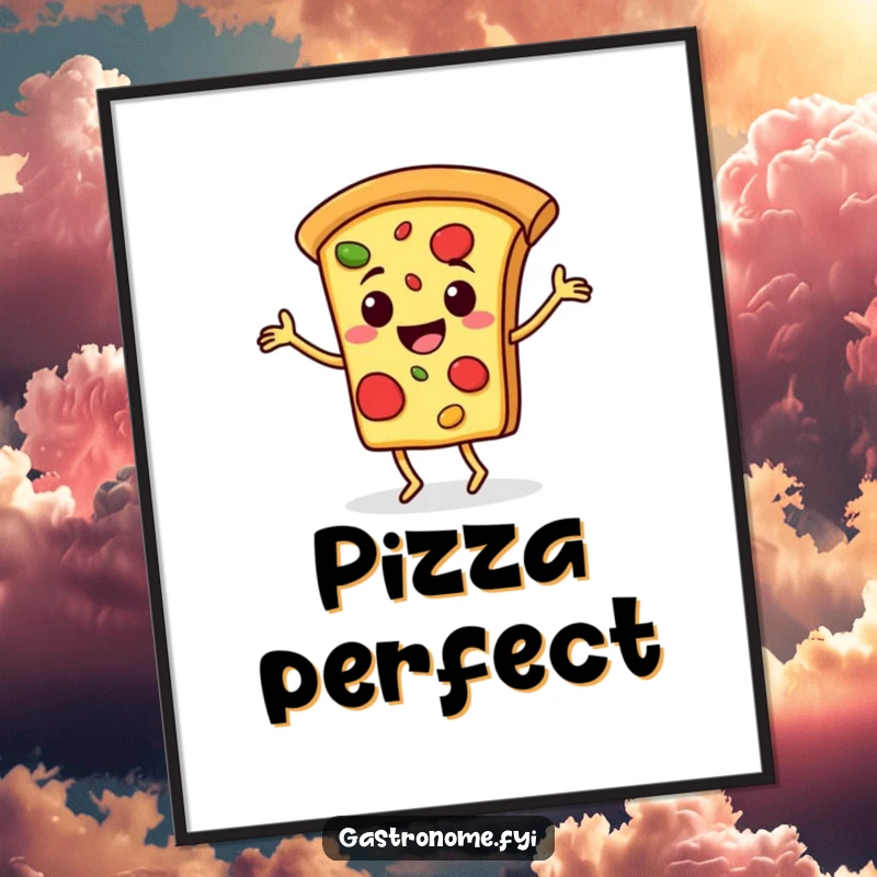 Funny poster of a cheerful pizza slice character doing a happy jig, bringing a vibrant and fun vibe to any wall space.