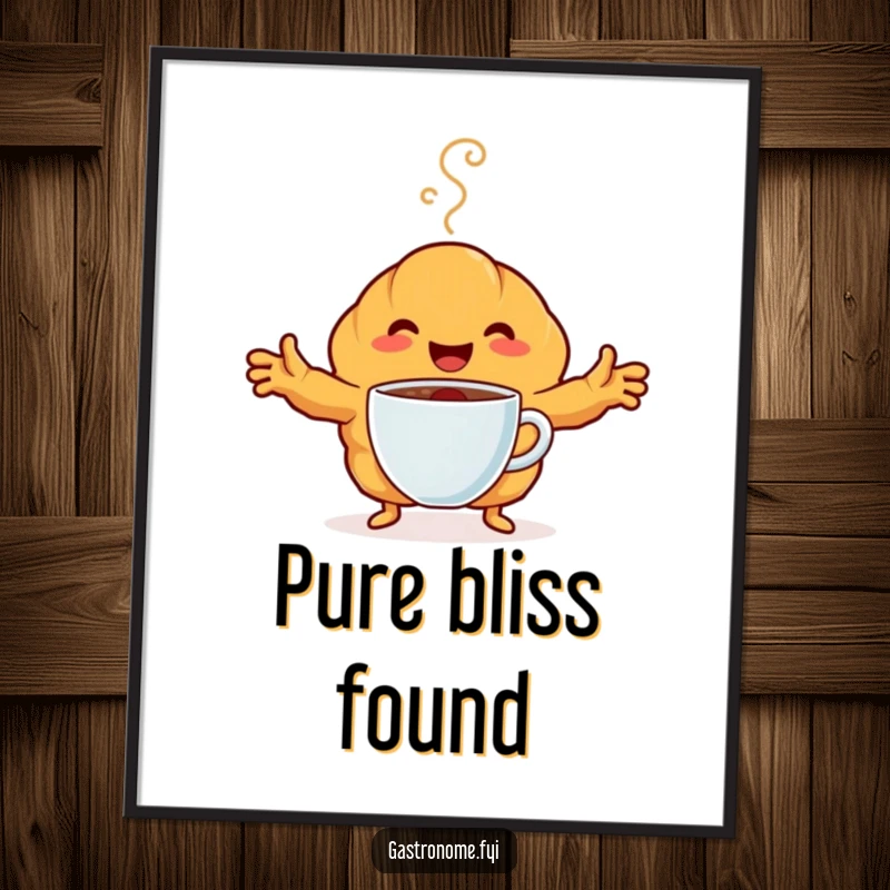 Funny Poster of a happy croissant character embracing a steaming coffee cup. Hilarious and heartwarming morning-themed art.