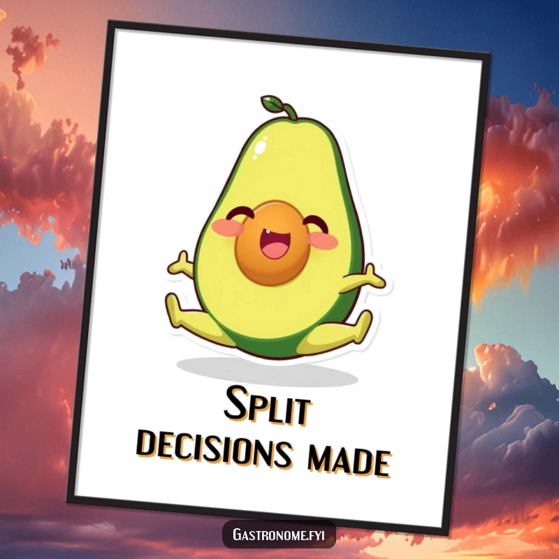 Funny poster art of a happy avocado character in a perfect split, conveying health, humor, and impressive flexibility.