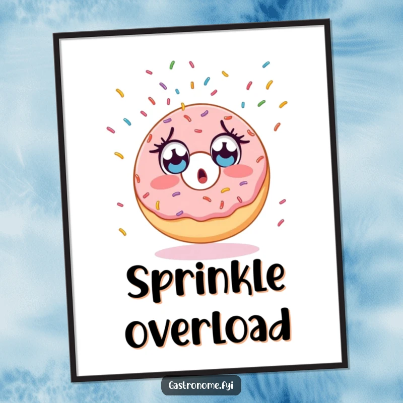 Funny poster featuring a surprised donut character with wide eyes, gazing at a never-ending sprinkle shower.