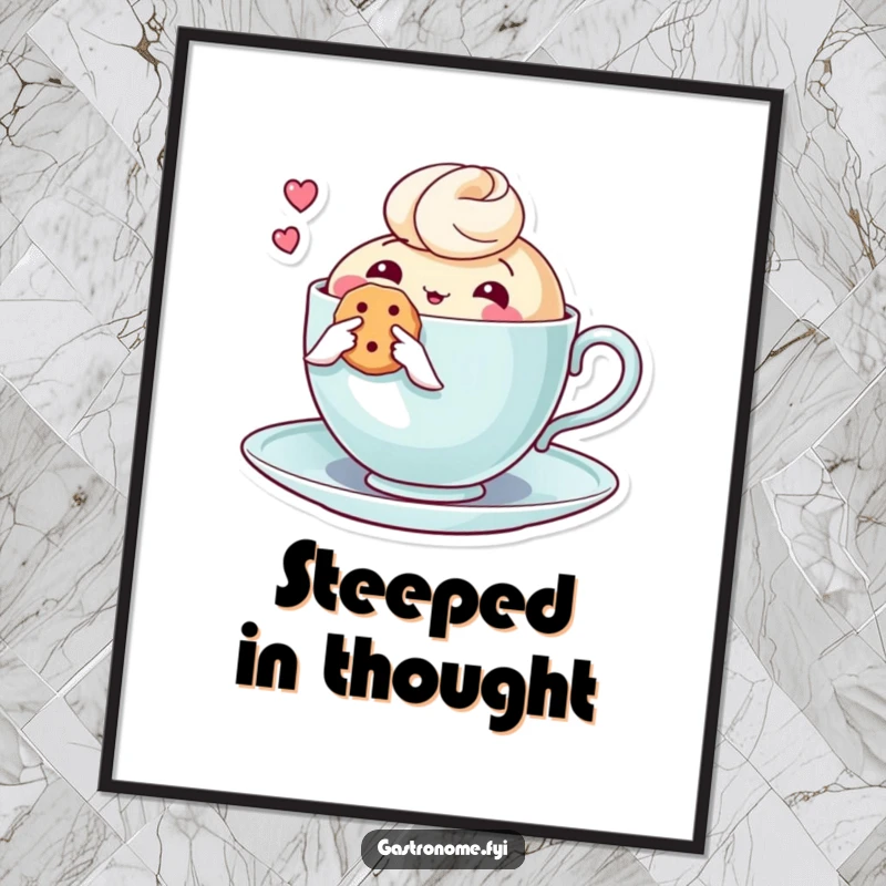 Funny poster showcasing a thoughtful teacup character gently holding a small biscuit, adding a touch of calm and humor to decor.