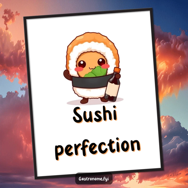 Funny poster of a proud sushi roll character striking a confident pose with a tiny soy sauce bottle, ready to wow.