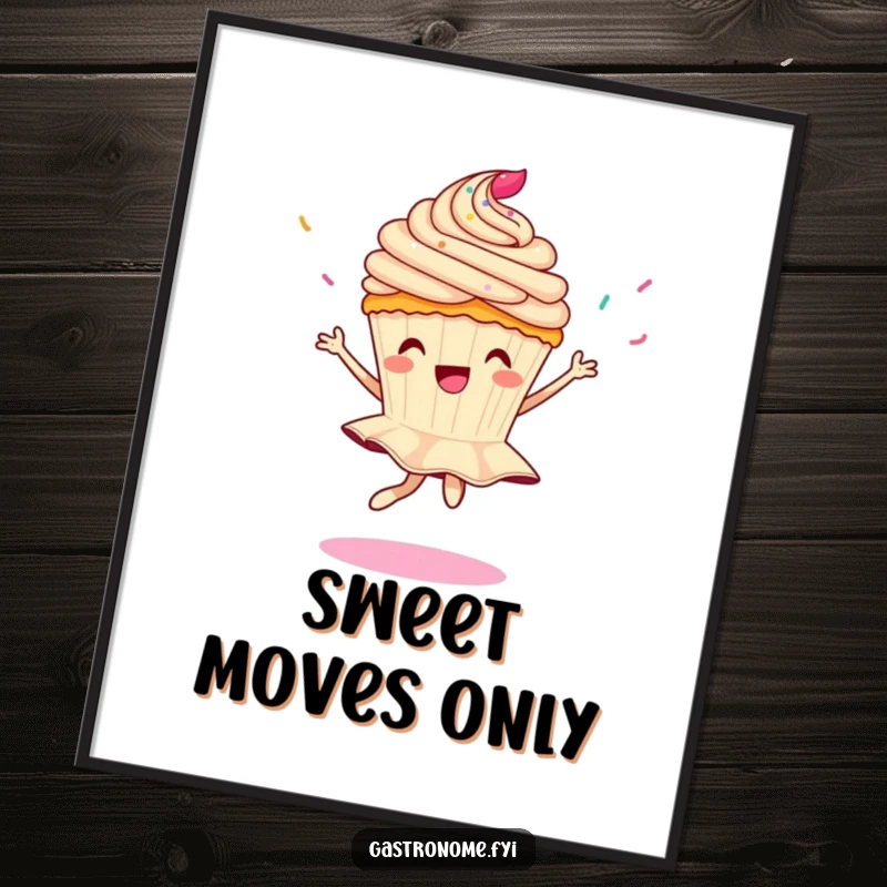 Funny poster showing a delighted cupcake character doing a pirouette with sprinkles raining down, ideal for whimsical wall art.