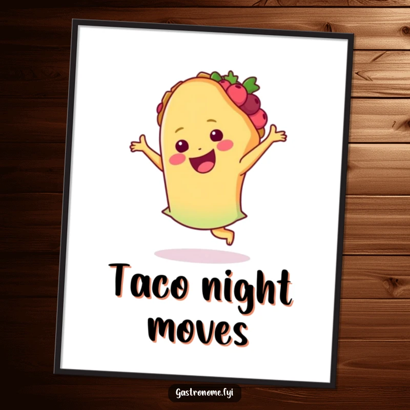 Funny taco poster, depicting a happy taco energetically performing a joyful salsa dance, perfect for adding fun wall decor.