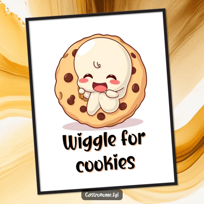 Funny wobbly jelly character happily taking a huge bite out of a giant cookie, displayed as a whimsical and humorous art poster.
