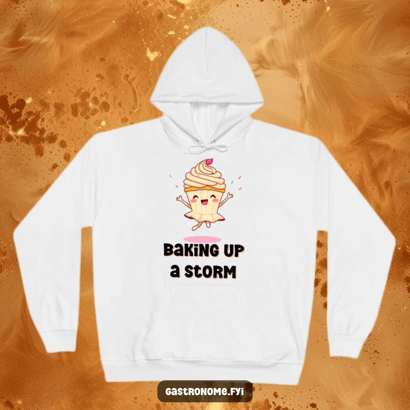 Funny hoodie depicting a delighted cupcake character gracefully pirouetting with sprinkles falling all around, perfect for cozy fun.