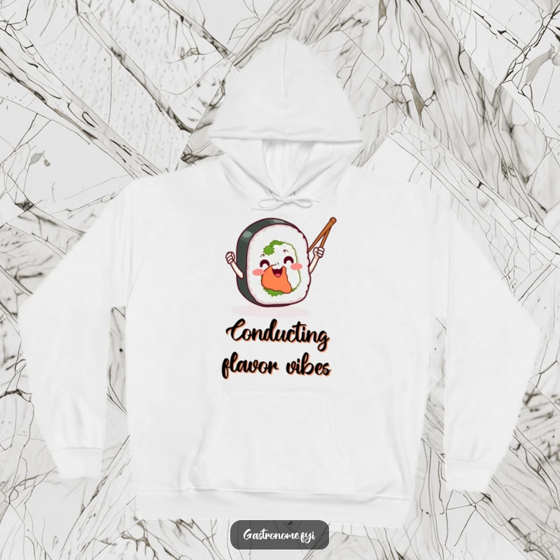 Funny sushi roll hoodie, smiling wide, enthusiastically waving chopsticks like tiny batons, a comical and cozy gift for sushi fans.