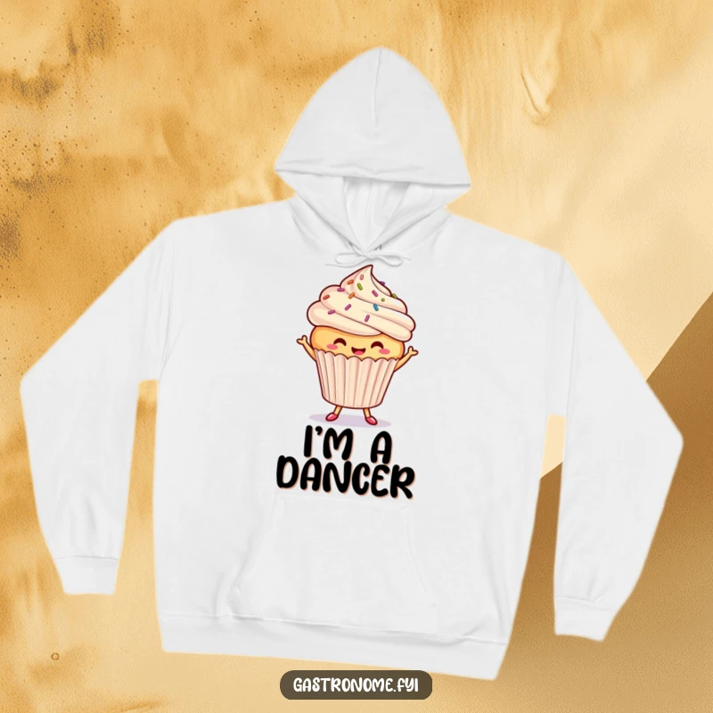 Funny dancing cupcake hoodie, a smiling cupcake with sprinkles performing a lively dance, offering warm, sweet-themed comfort and humor.