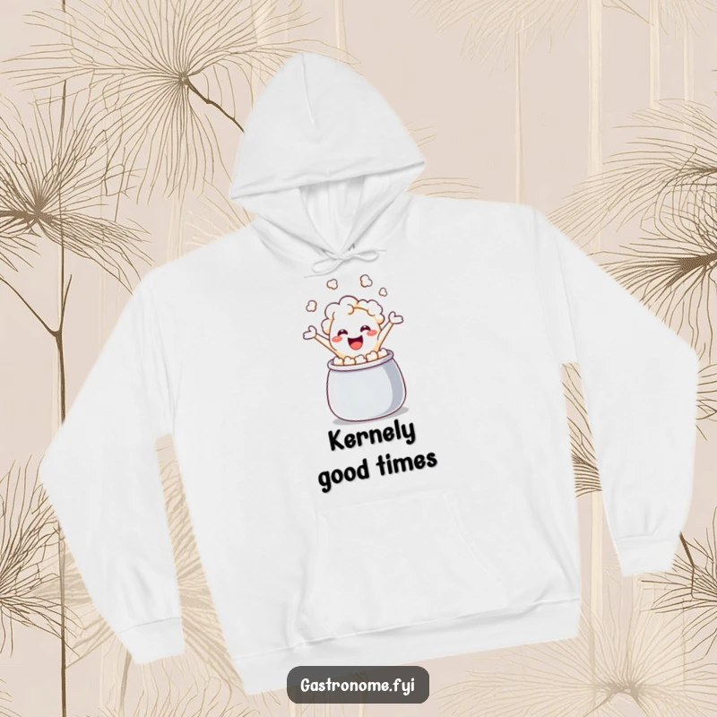 Funny popcorn kernel hoodie, jumping out of a kettle with a huge grin, showcasing hilarious snack-themed comfort and warmth for all.