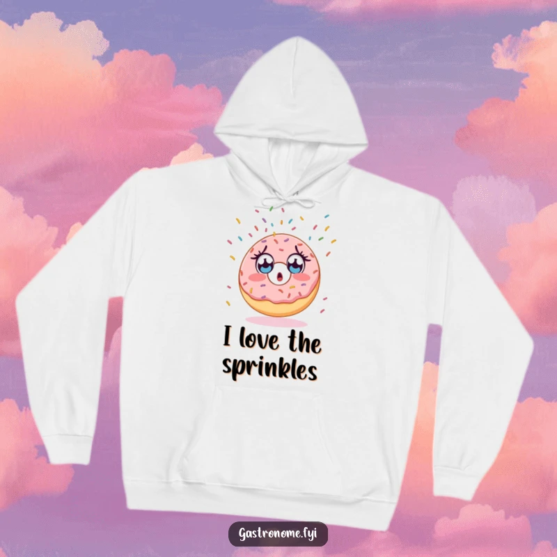 Funny hoodie with a surprised donut character, wide-eyed, watching an endless fall of sprinkles.