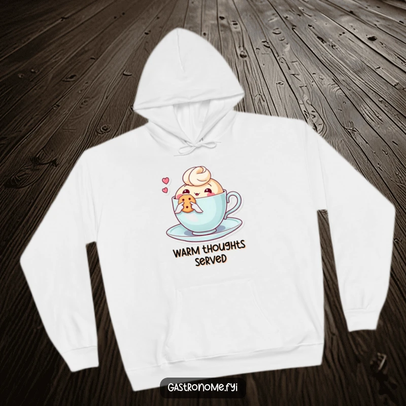 Funny hoodie featuring a thoughtful teacup character holding a tiny biscuit, designed for ultimate comfort and a dose of heartwarming humor.
