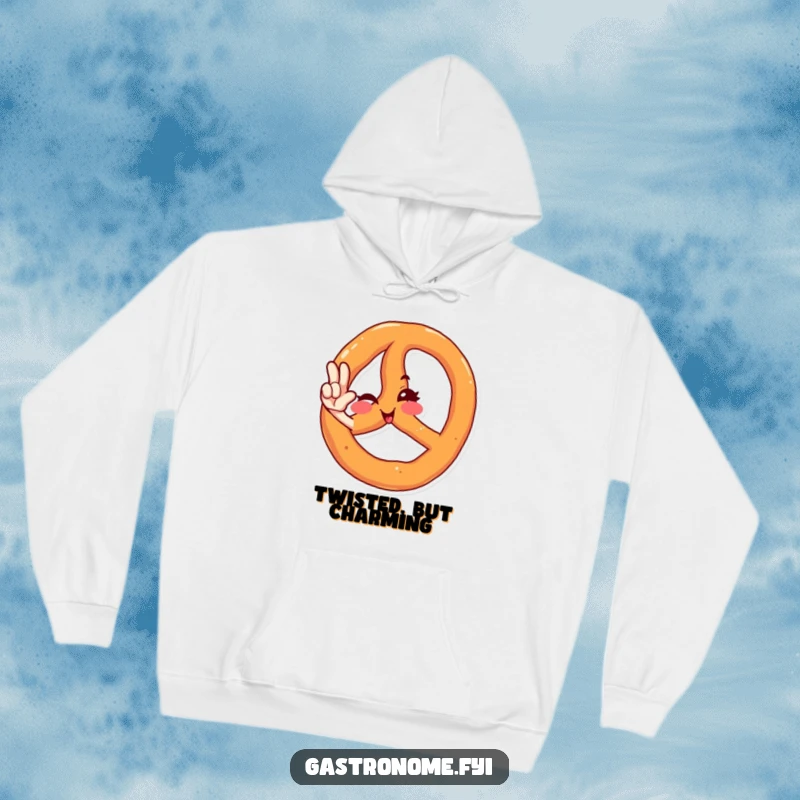 Funny hoodie with a winking pretzel character striking a cool salute, designed for maximum comfort and comedic impact.