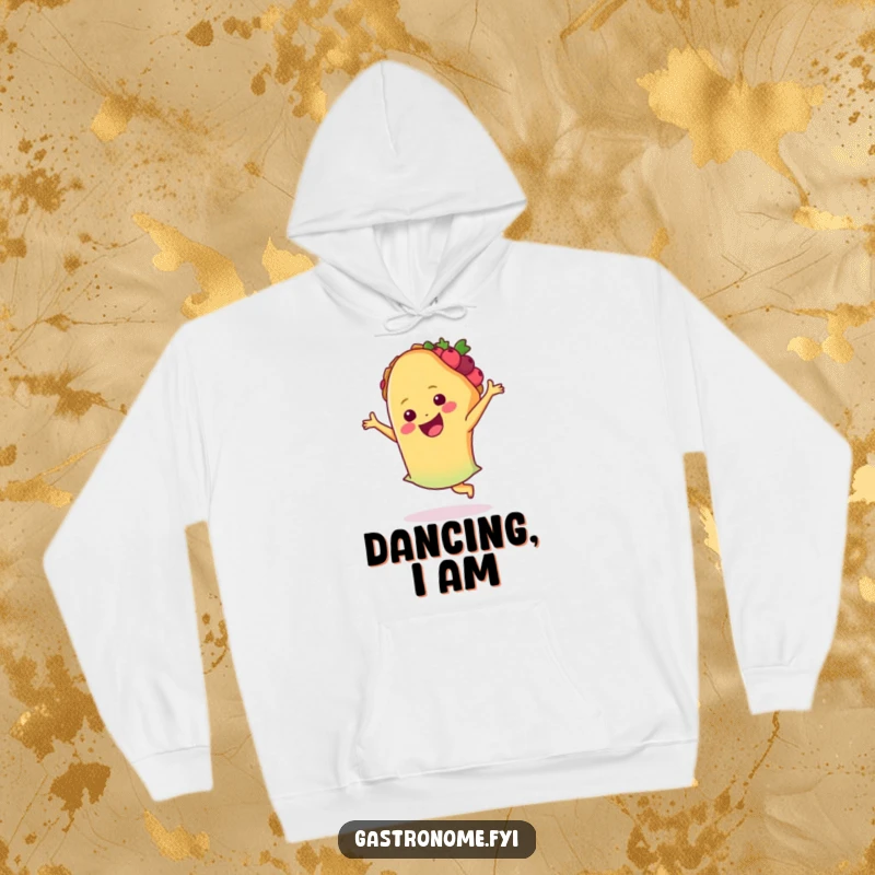 Funny taco hoodie, smiling and dancing joyfully, bringing fiesta spirit and humor to your cozy collection.